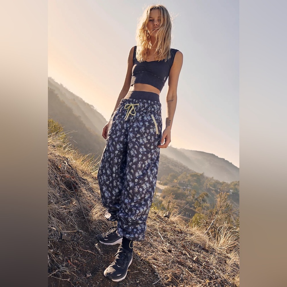 Free People Floral Track Pants - Blue and White
